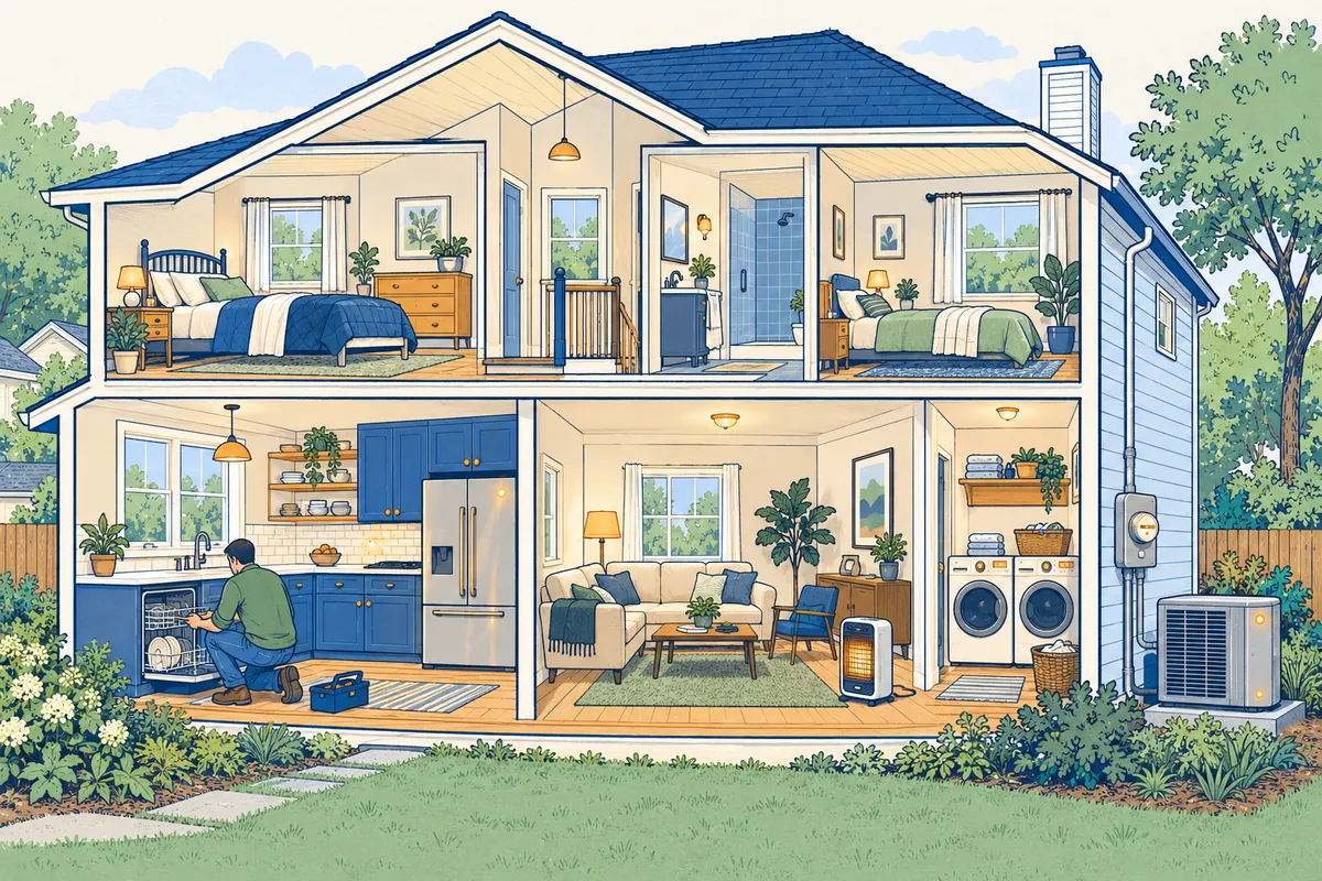 Illustrated cutaway of a two-story house: someone fixing the dishwasher, a fridge, a space heater in the living room, a washer and dryer, and a heat pump outside.