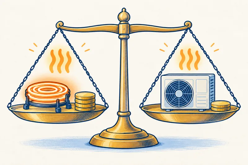 Illustration of a balance scale with the same warmth above each pan: a glowing heating coil with three coins on one side and a small heat pump with one coin on the other