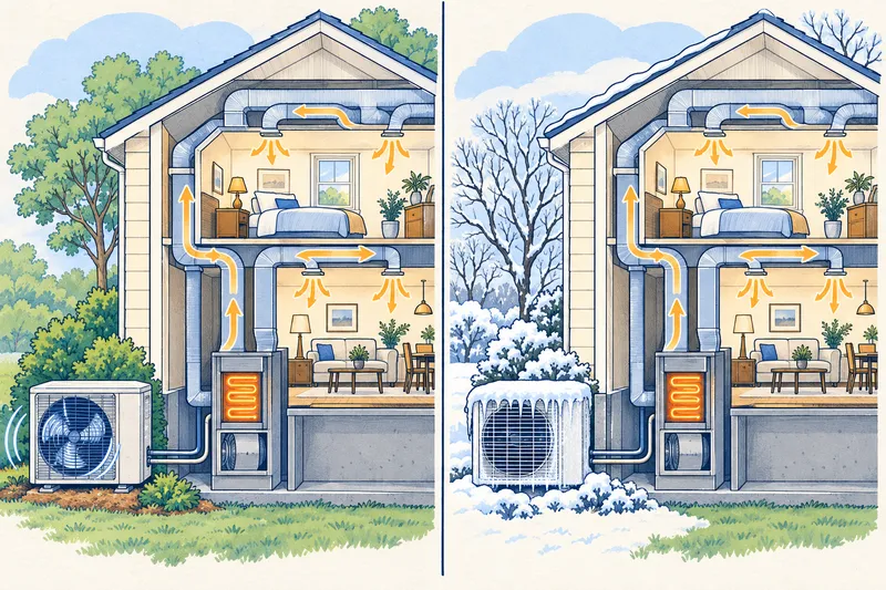 Two-panel cutaway illustration: on the left the outdoor heat pump runs and the indoor heat strips glow; on the right the outdoor unit is stopped and frosted and only the indoor heat strips glow