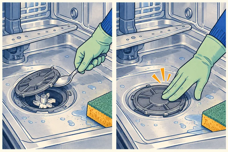 Two close-up illustrations: a gloved hand lifting a dishwasher pump cover with a spoon to reach the impeller, then pressing the cover back down until it clicks
