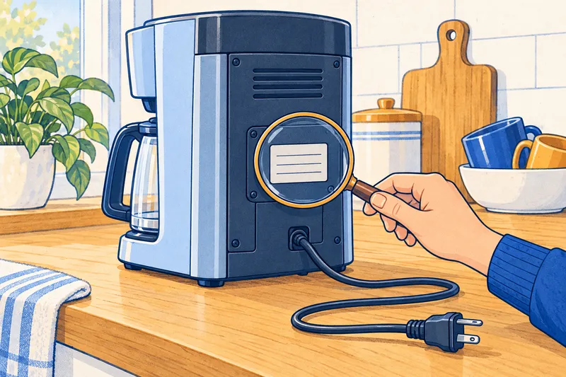 Illustration of a hand holding a magnifying glass over the rating sticker on the back of an unplugged coffee maker