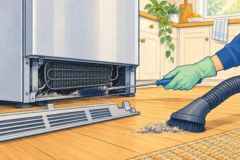 Low-angle illustration of a gloved hand sliding a coil brush under a refrigerator while a vacuum brush picks up the dust in front
