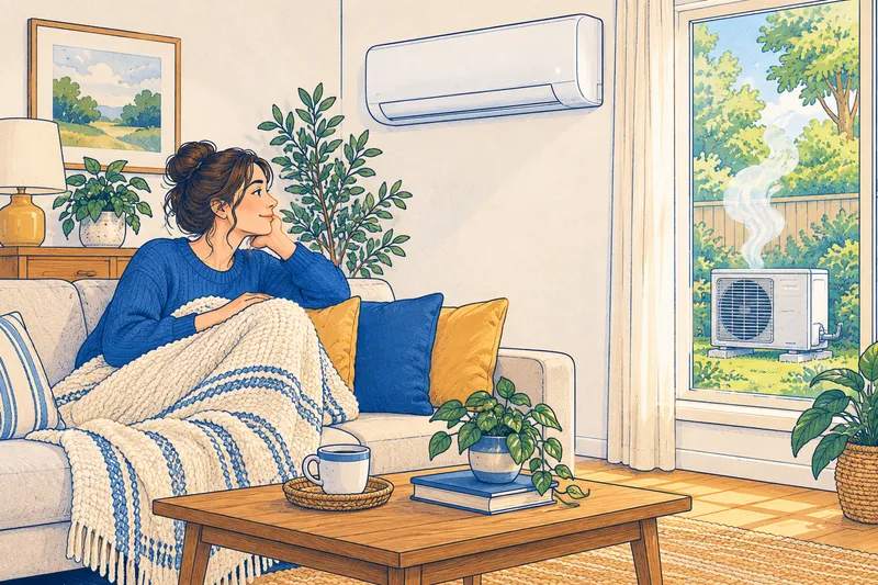 Illustration of a wall-mounted ductless indoor unit with its louver closed, while steam rises from the mini-split outdoor unit outside the window