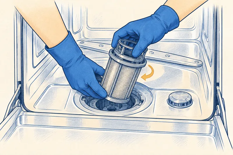 Gloved hands twisting a cylindrical mesh filter out of the bottom of a dishwasher tub