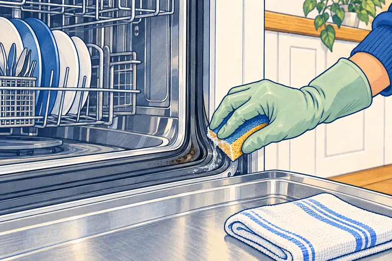 Close-up illustration of a gloved hand wiping a dishwasher door gasket with a damp sponge, with some dark residue left on the part not yet cleaned