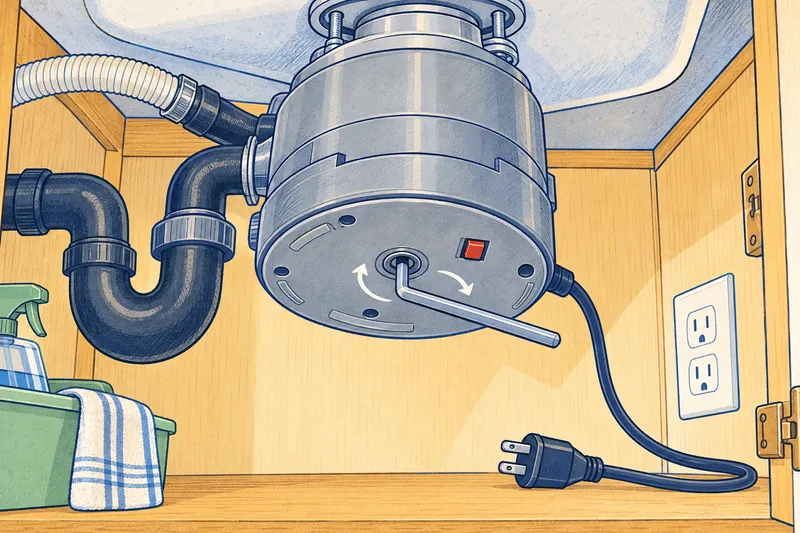 Illustration of the underside of an unplugged garbage disposal with a hex wrench in the center socket and a small red reset button nearby