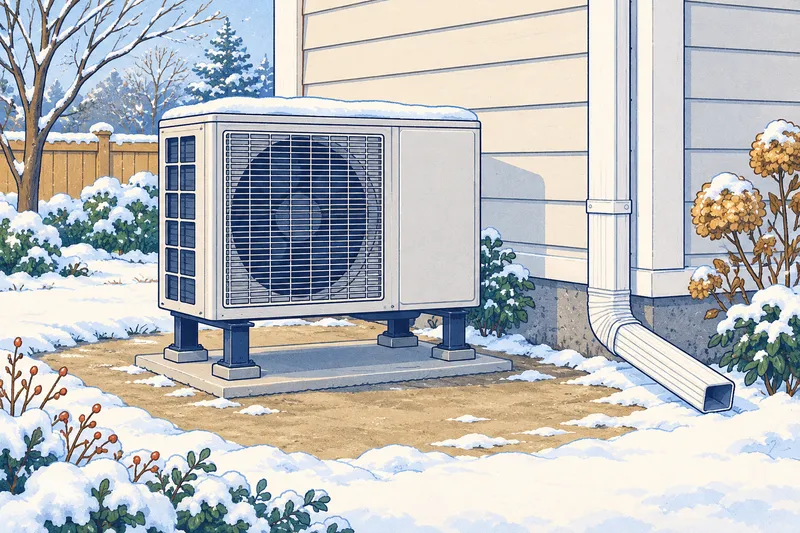 Illustration of a heat pump outdoor unit raised on short legs with cleared ground around it and a downspout extended away from it