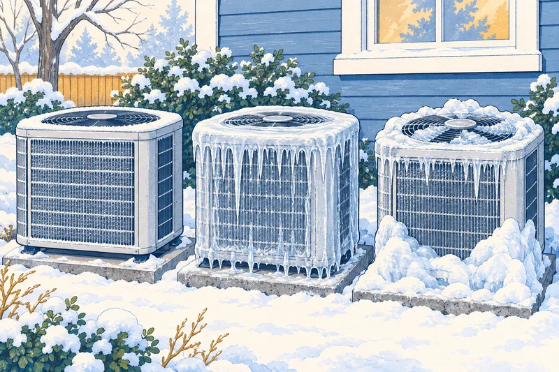 Illustration of three heat pump outdoor units: one with thin white frost, one coated in thick ice with icicles, and one with ice over the top fan and around the base