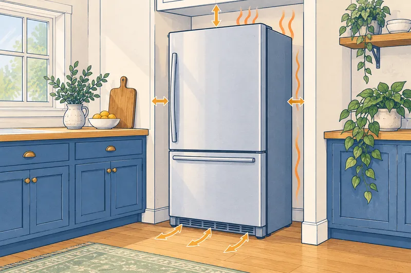 Illustration of a refrigerator with open space around its top, back and sides and a clear base grille