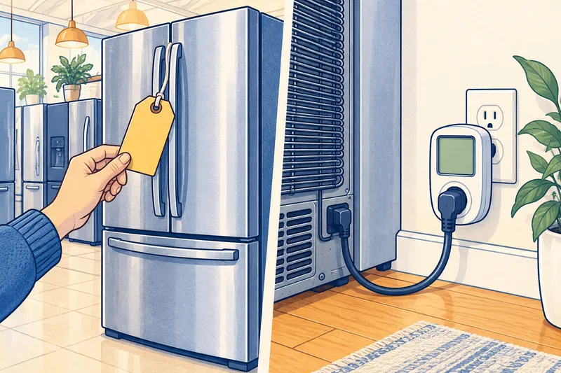 Two-panel illustration: a yellow energy label hanging on a refrigerator in a store, and a refrigerator cord plugged into a plug-in energy monitor at a wall outlet