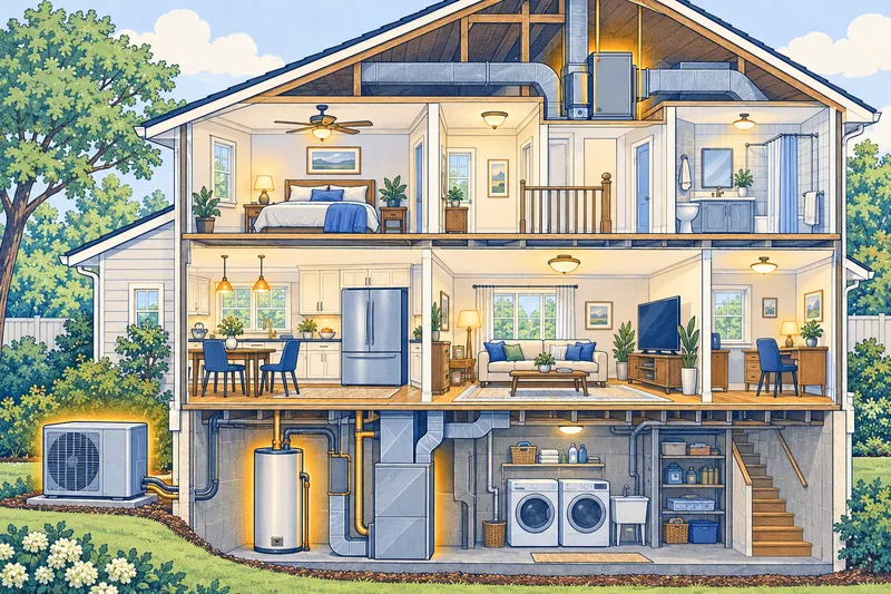 Cutaway illustration of a two-story house showing heating and cooling equipment highlighted, along with a water heater, refrigerator, lights, TV, washer and dryer