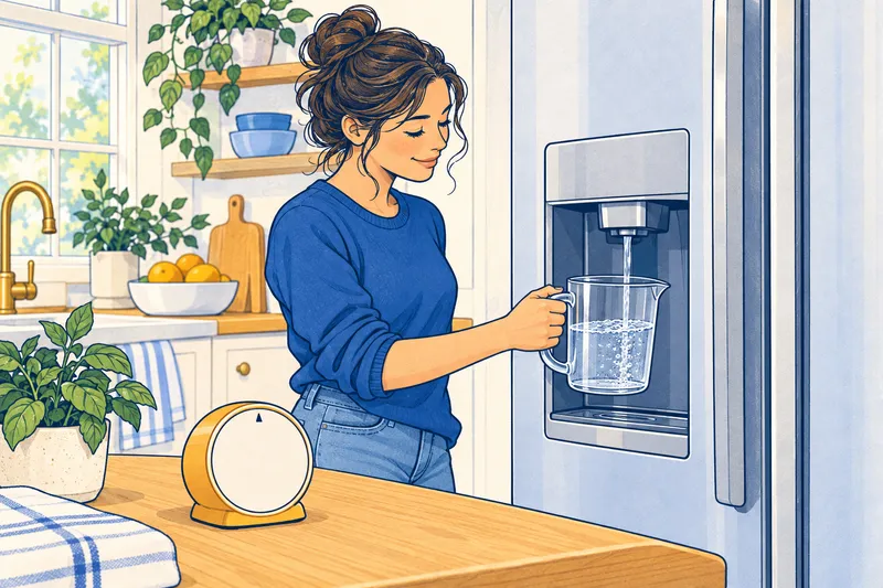 Illustration of a woman holding a measuring cup under a refrigerator door water dispenser, with a kitchen timer on the counter