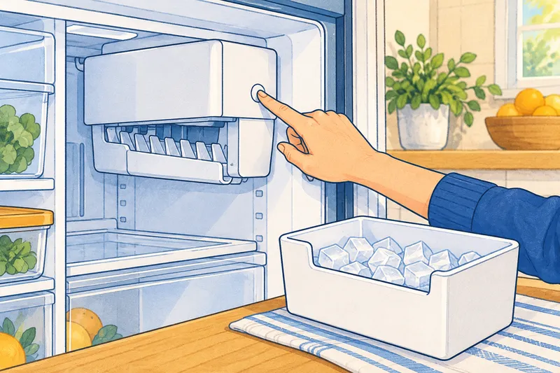 Illustration of a fingertip pressing the small button on the side of a refrigerator ice maker, with the ice bucket set on the counter