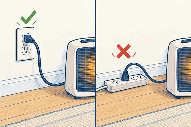 Two-panel illustration: a space heater plugged directly into a wall outlet with a check mark, and the same heater plugged into a power strip with a cross