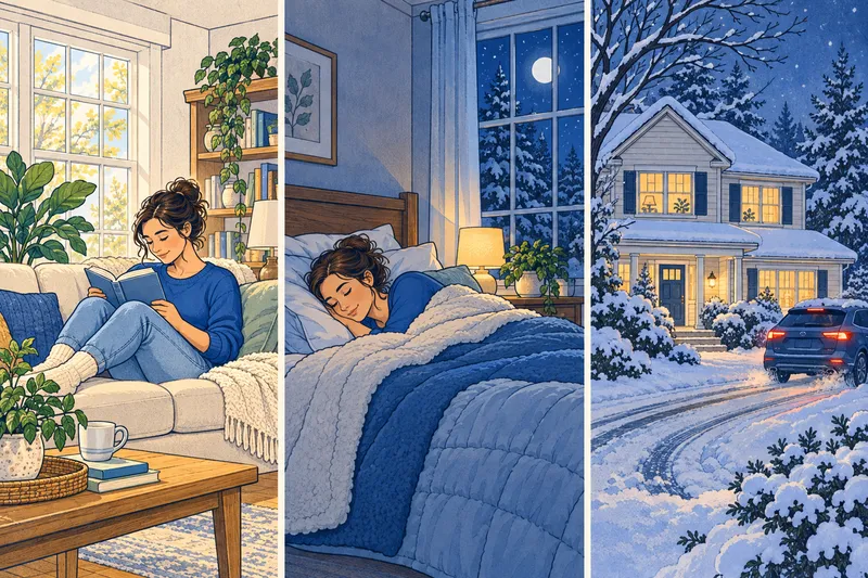 Three-panel illustration of one home: someone reading in a warm living room by day, a person asleep under an extra blanket at night, and the empty house in the snow with the heat still on