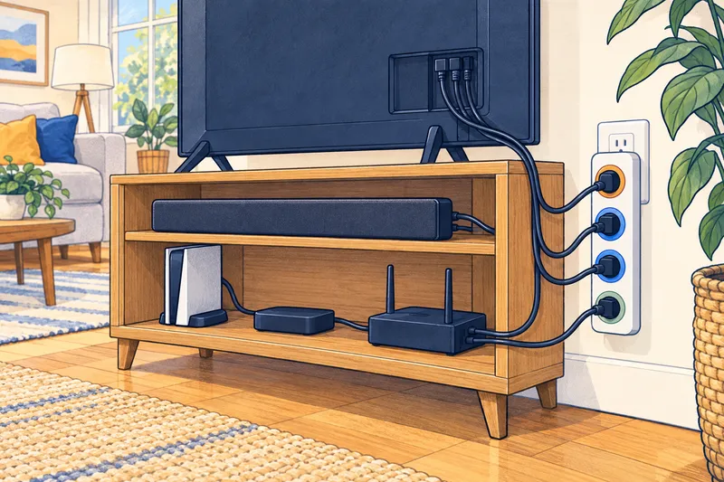 Illustration of an advanced power strip behind a TV stand, with the TV, the devices that follow it, and an always-on router in different colored outlets
