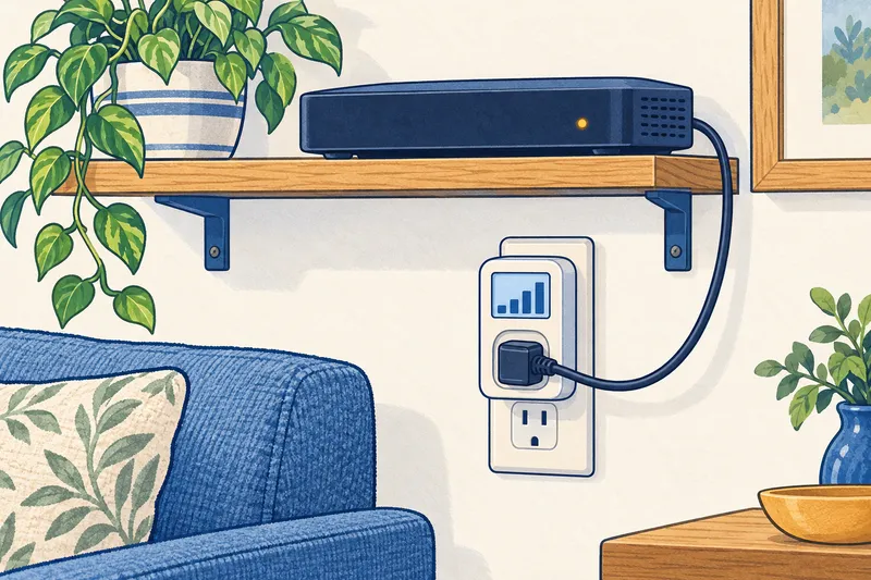 Illustration of a cable box plugged into a plug-in usage monitor at a wall outlet, with the cable box standby light on