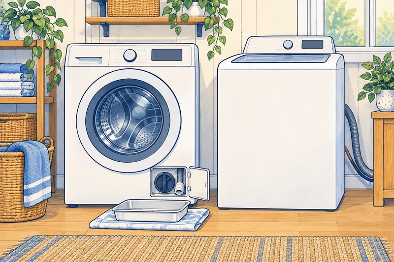 Two washers side by side: a front-loader with its bottom access panel open showing the round pump filter cap and small drain tube, and a top-loader with no filter panel