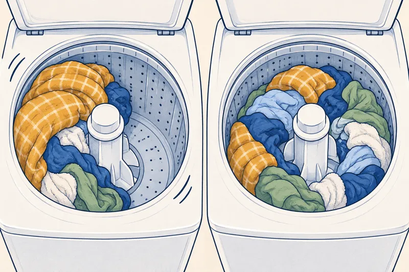 Top-down illustration of two washer baskets: on the left, laundry bunched against one side; on the right, the same load spread evenly around the center