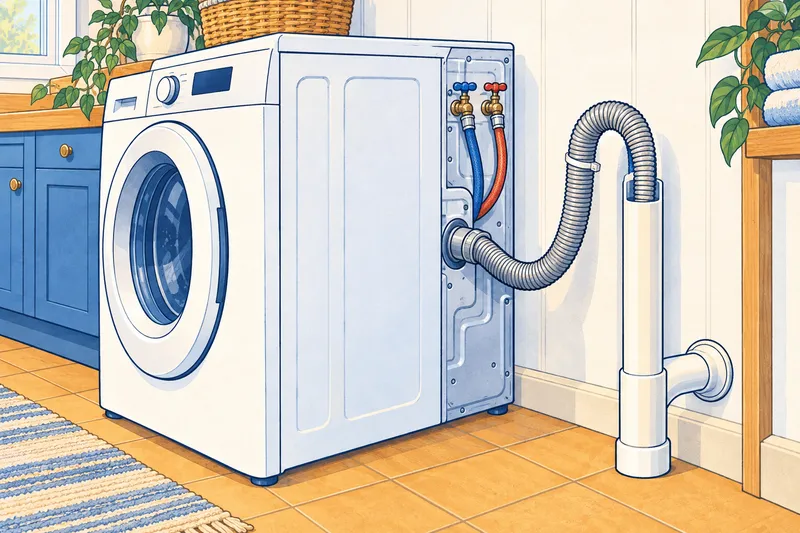 Illustration of a washer drain hose hooked into an open standpipe with space around it, secured loosely and not taped