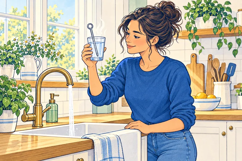 Illustration of a woman checking a cooking thermometer in a glass of hot tap water at the kitchen sink