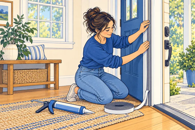 Illustration of a woman pressing foam weatherstripping onto an exterior door frame, with a caulk gun on the floor