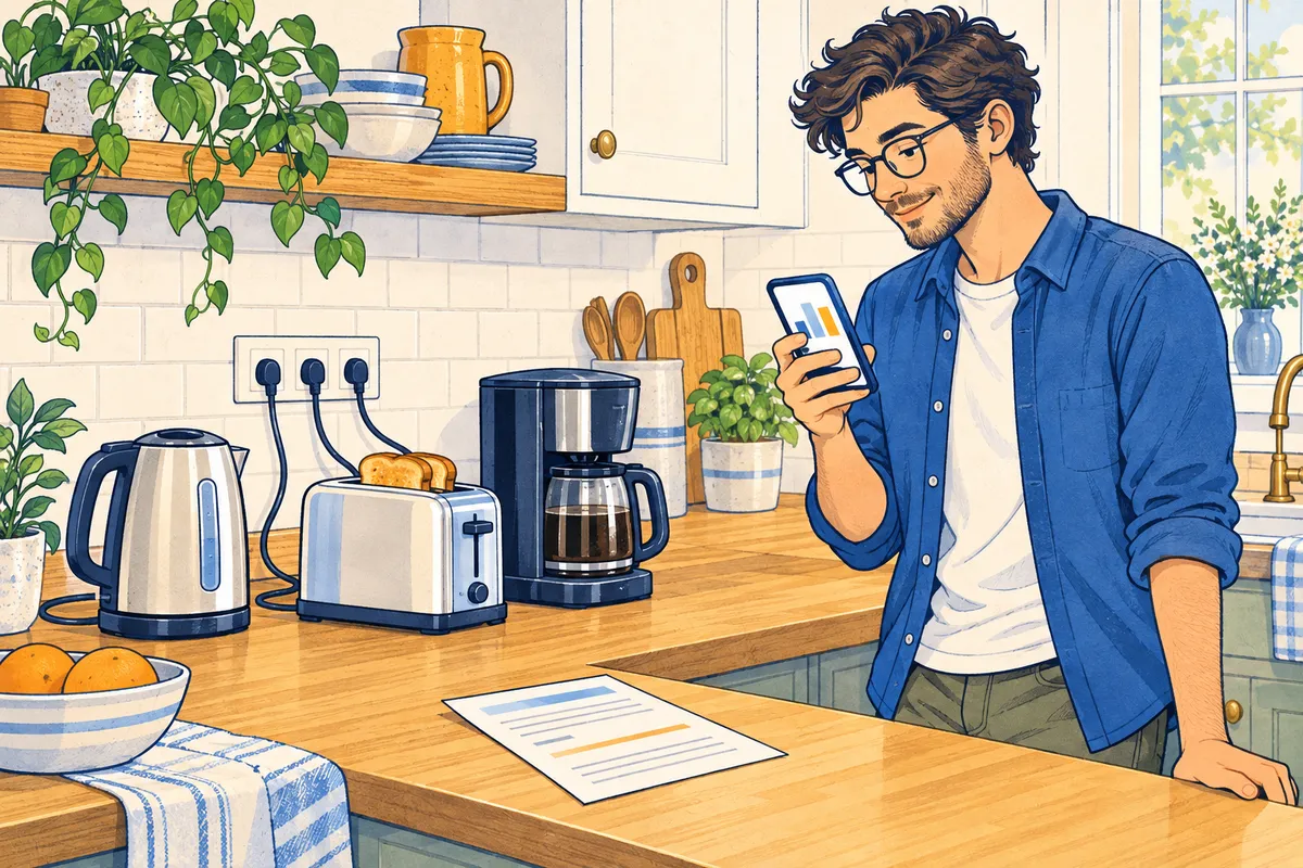 Illustration of a kitchen counter with a kettle, toaster and coffee maker plugged into the wall while a man checks his phone