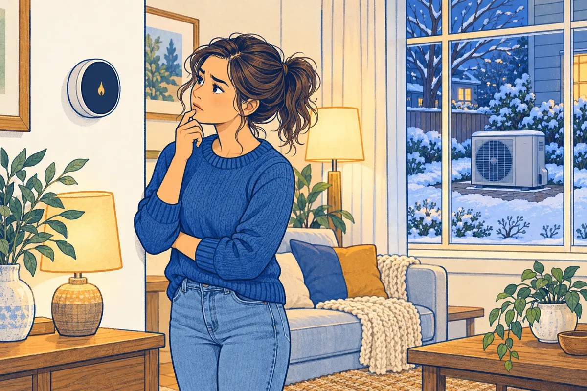 Illustration of a woman in a sweater looking puzzled at a wall thermostat, with a heat pump outdoor unit in the snowy yard outside the window
