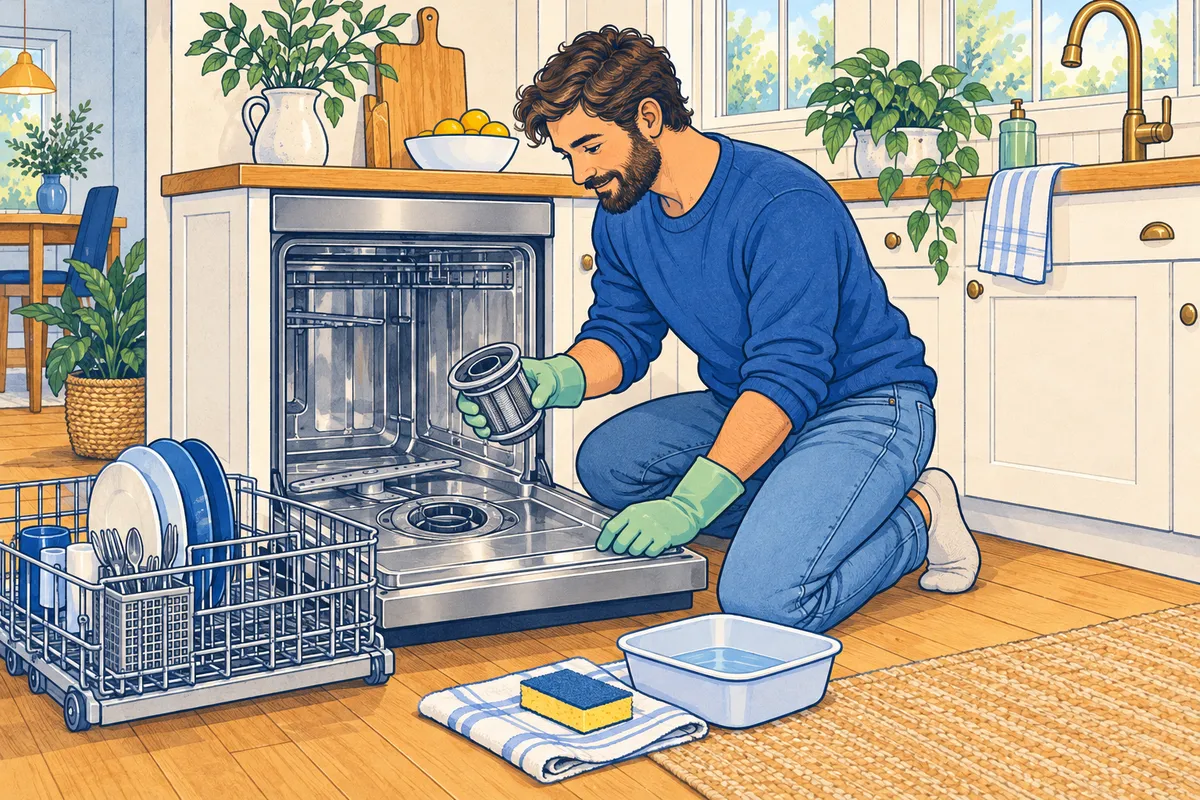Illustration of a man in rubber gloves kneeling at an open dishwasher with the lower rack pulled out, holding the filter he lifted from the bottom of the tub