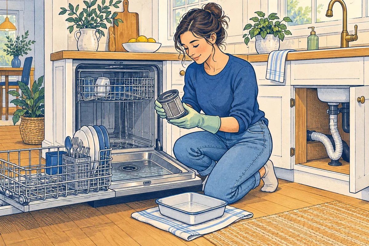Illustration of a person in rubber gloves kneeling at an open dishwasher, holding the removed filter, with the cabinet under the sink open to show the drain hose