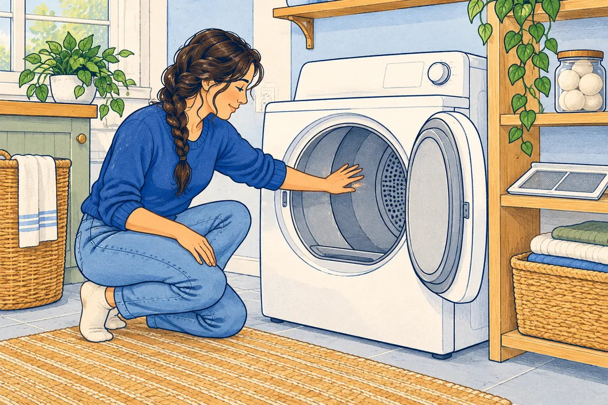 Illustration of a woman holding a hand inside an empty front-load dryer drum to check for heat, with the lint screen set on a shelf nearby