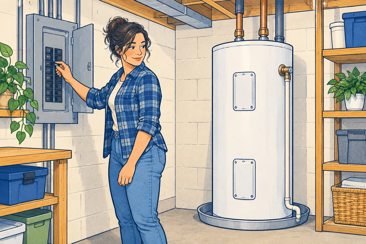 Illustration of a woman at an open breaker panel in a basement, looking back at an electric tank water heater on a drain pan
