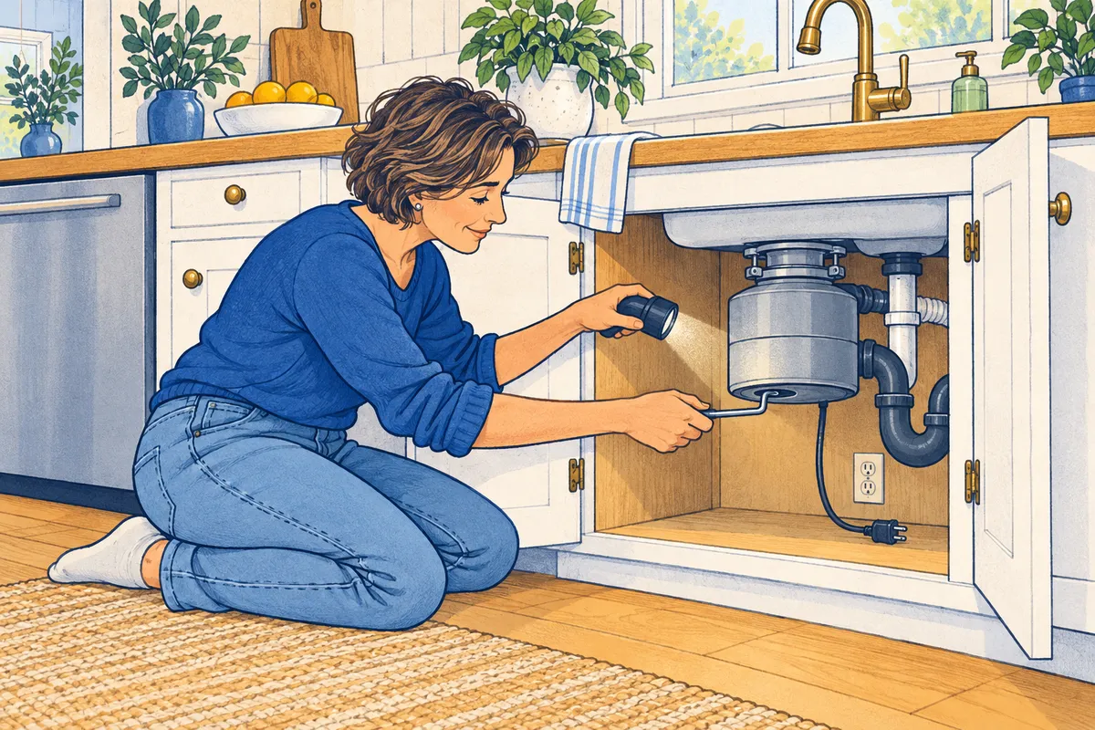 Illustration of a woman kneeling at an open sink cabinet, holding a flashlight and turning a hex wrench in the bottom of an unplugged garbage disposal
