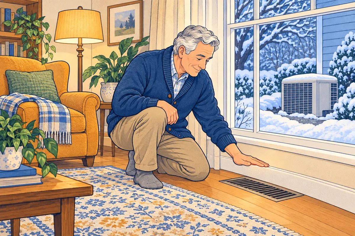 Illustration of a man in a cardigan holding his hand over a floor vent, with a snowy yard and a heat pump outdoor unit visible through the window