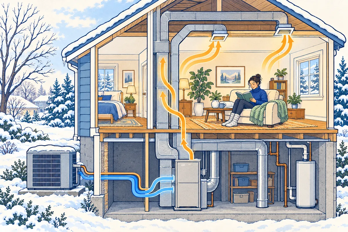 Cutaway illustration of a house in winter heated by an outdoor heat pump and a basement gas furnace, with warm air reaching a person reading in the living room