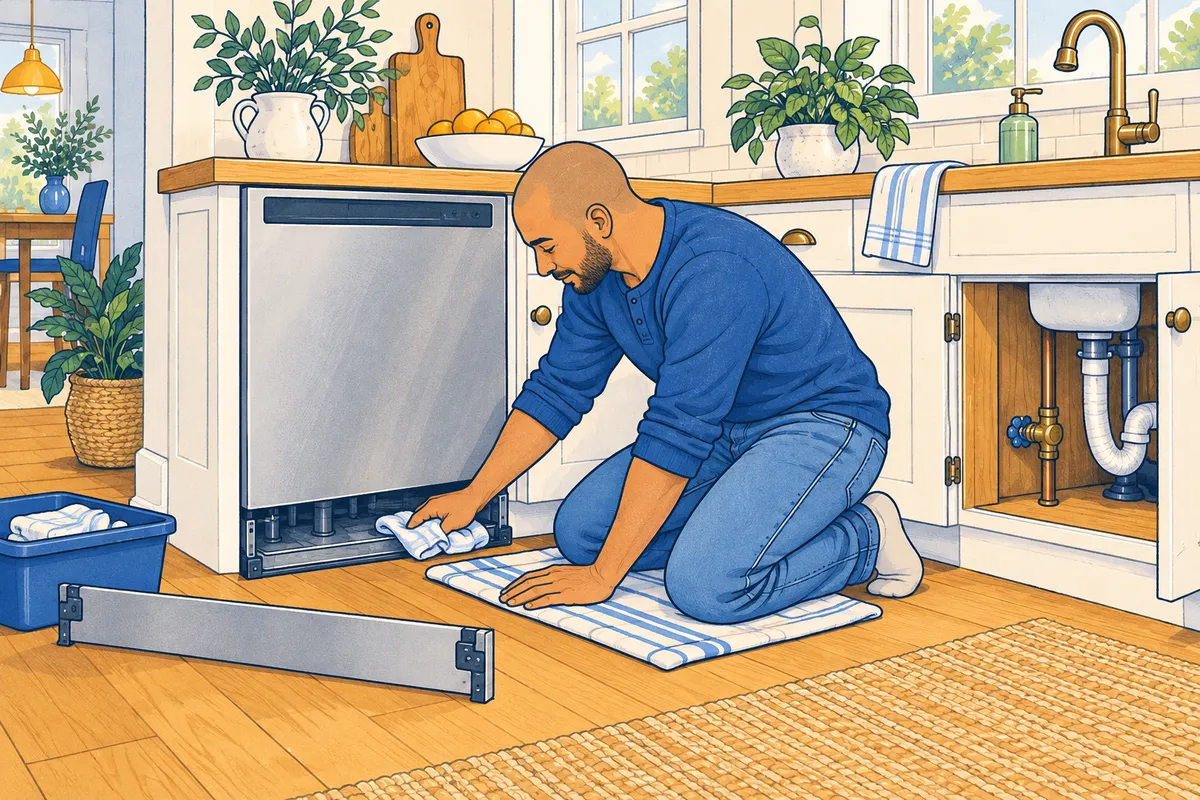 Illustration of a man kneeling on a towel in front of a dishwasher with its kick plate removed, blotting the base area with a folded towel