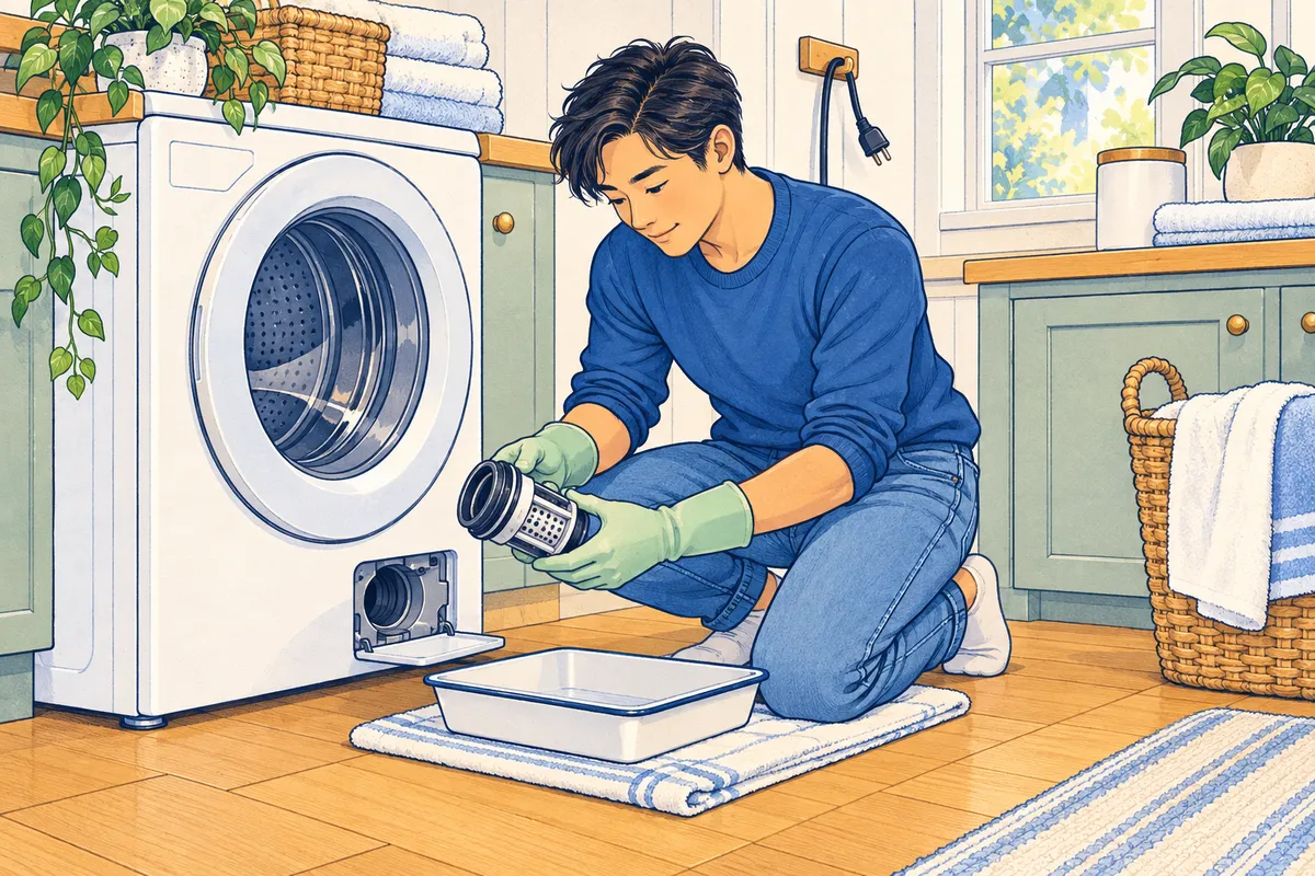 Illustration of a man in rubber gloves kneeling on a towel in front of a front-load washer, holding the cleaned drain pump filter over a shallow pan