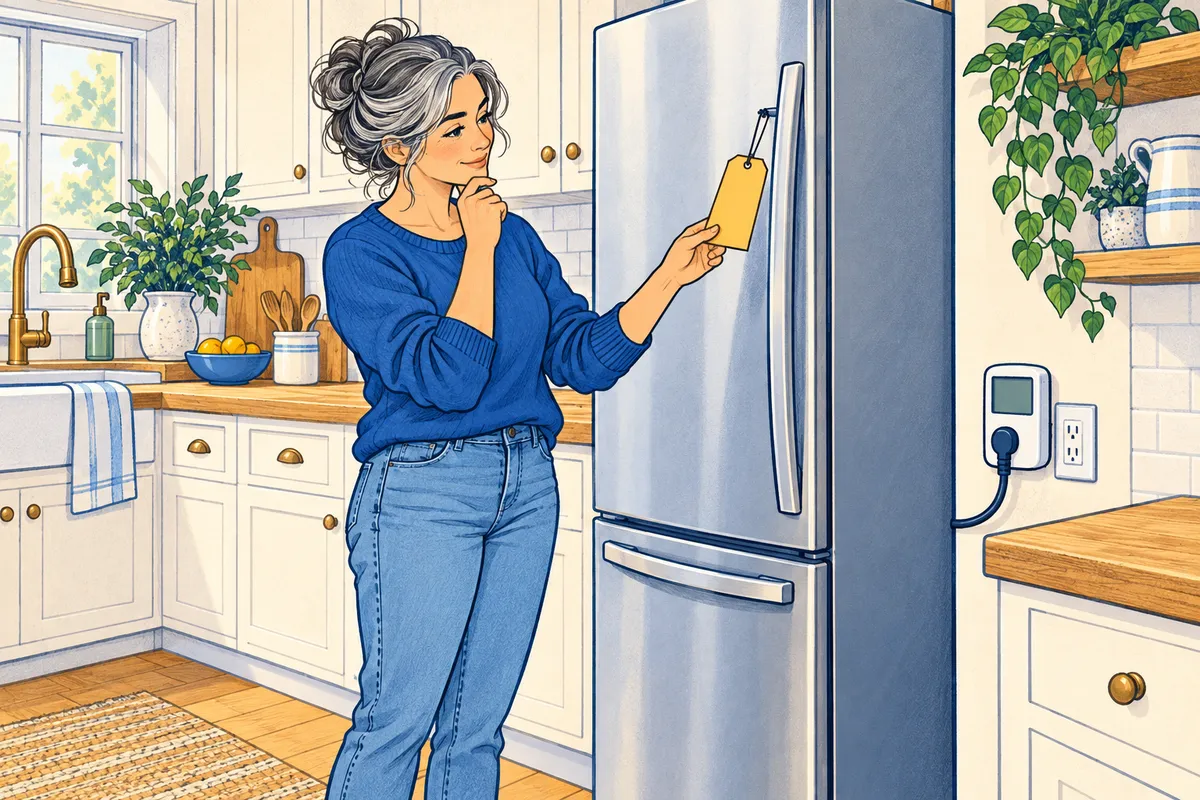Illustration of a woman in a kitchen reading the yellow energy label on a refrigerator door, with the fridge plugged into a small plug-in energy monitor