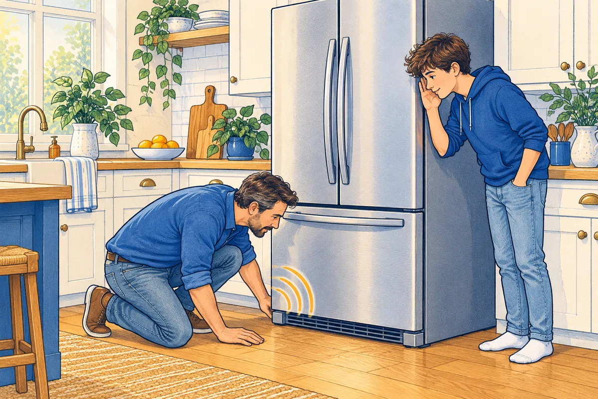 Illustration of a father and son listening for a noise at a French-door refrigerator, the father kneeling near the base grille