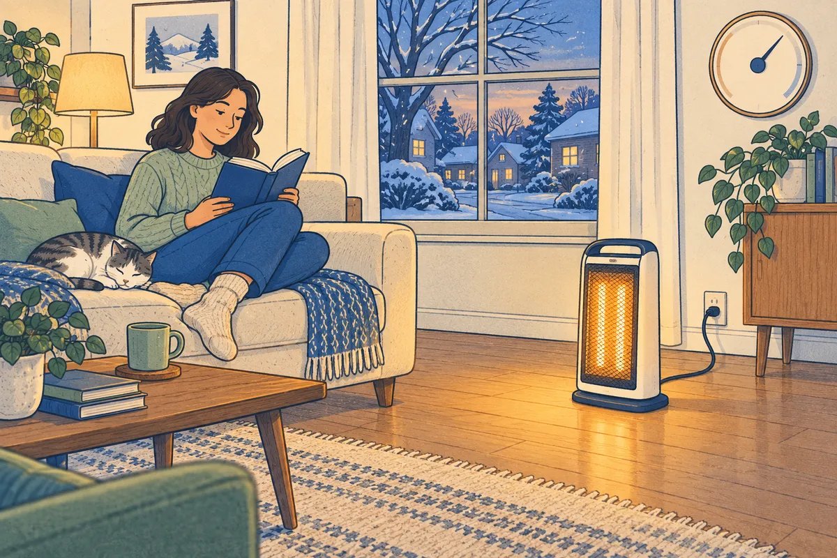 Illustration of a person reading on a sofa while a portable space heater glows on the floor several feet away, plugged directly into a wall outlet