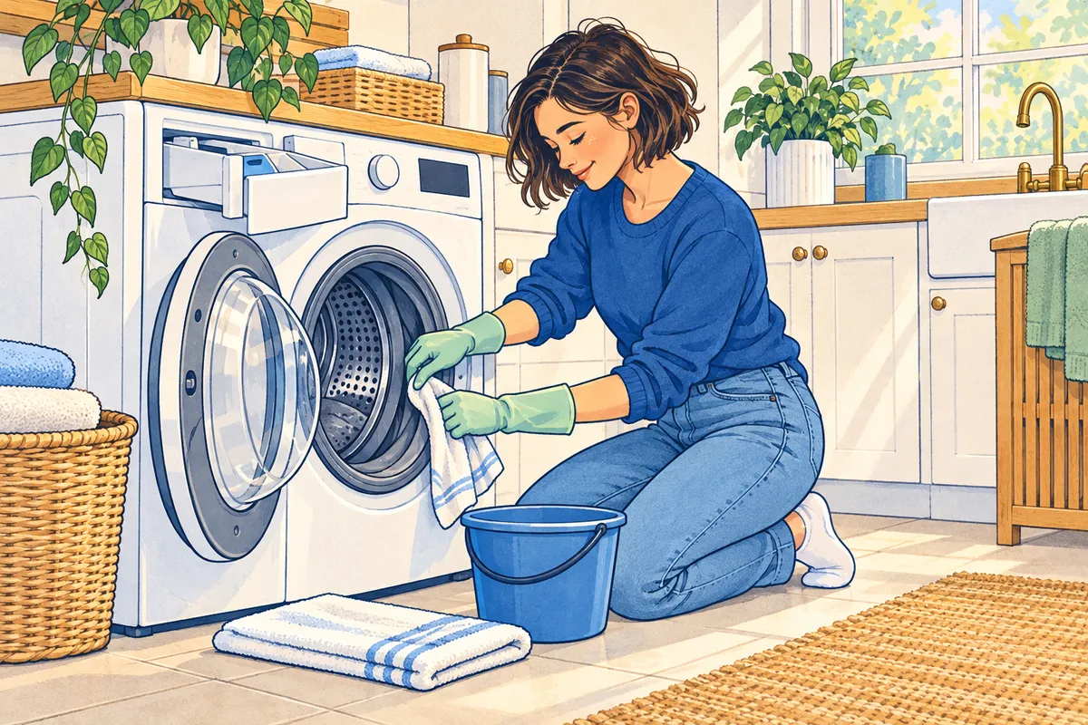 Illustration of a woman in rubber gloves wiping inside the rubber door gasket of a front-load washer, with the door and detergent drawer left open to dry