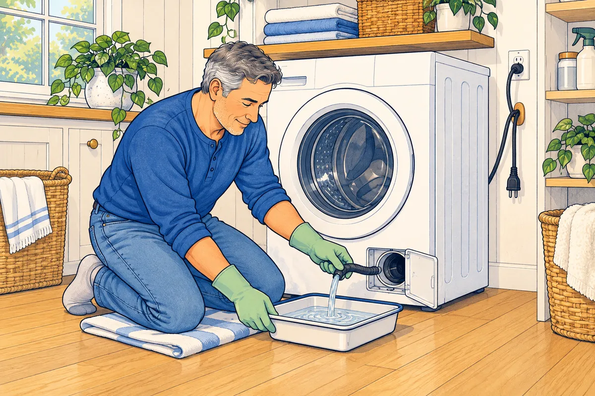 Illustration of a man in rubber gloves kneeling on a towel in front of a front-load washer, draining leftover water from the small drain tube into a shallow pan